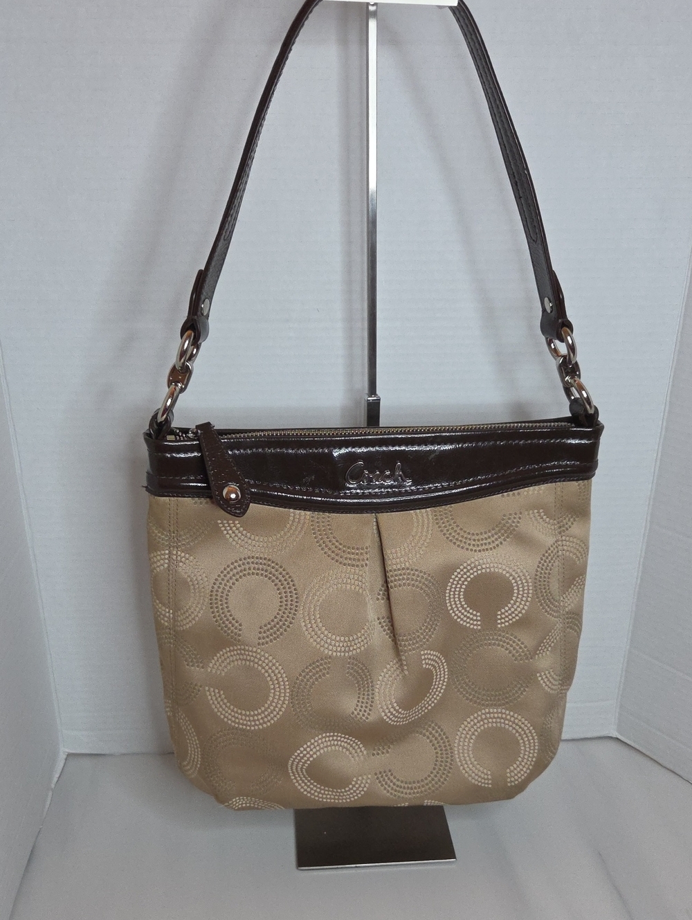 Coach Beige Signature Circle-Print Shoulder Bag with Brown Trim